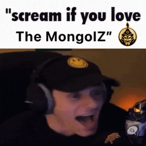 a man wearing headphones and a hat is screaming with the words `` scream if you love the mongolz '' .