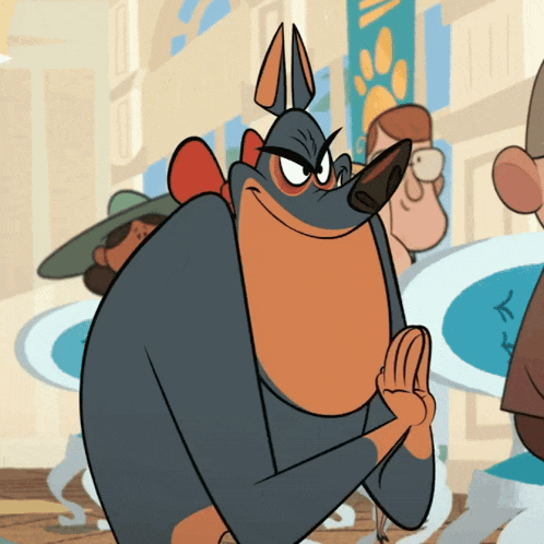 a cartoon character is standing in front of a paw print banner