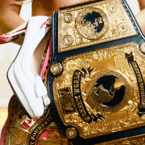 a person is holding a wrestling belt that says aew