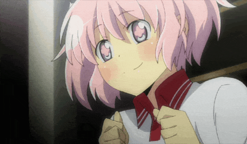 a girl with pink hair and a white shirt with a red collar