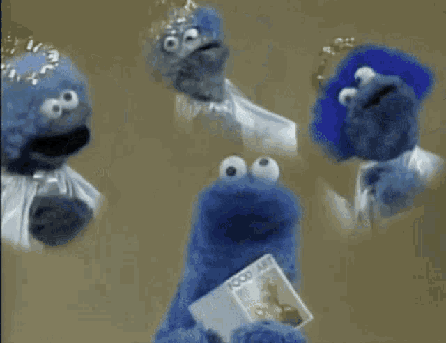 a cookie monster is holding a book about food art