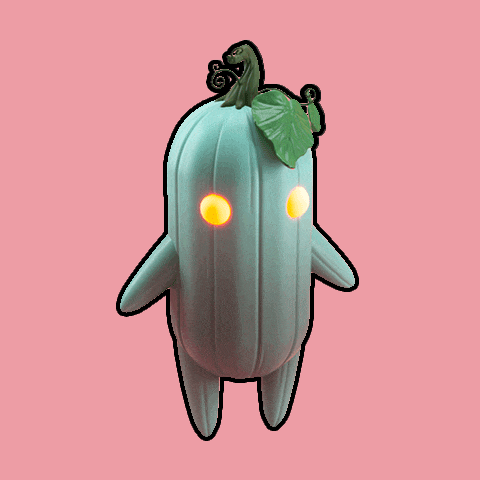 a cartoon character with glowing eyes and a leaf on top