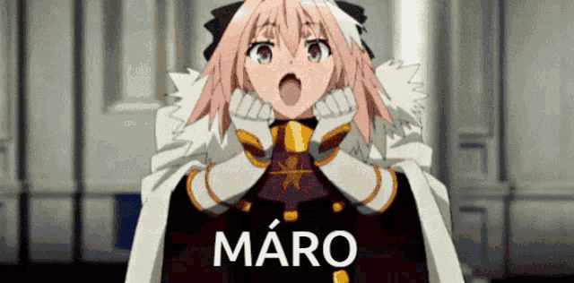 a surprised anime girl with the word maro on the bottom right