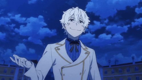 a cartoon character with white hair and a bow tie