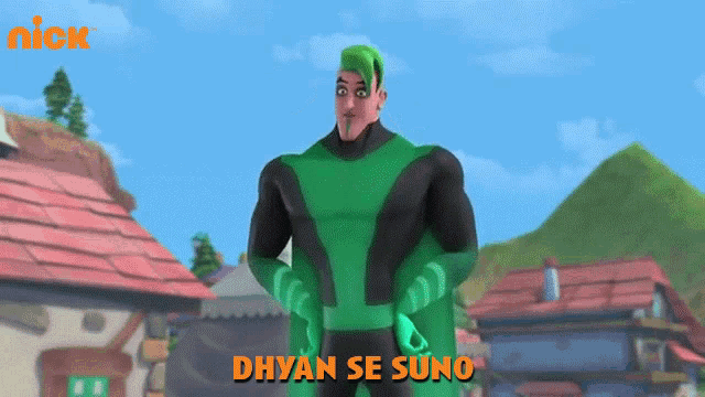 a cartoon character with green hair and the words dhyan se suno on the bottom right