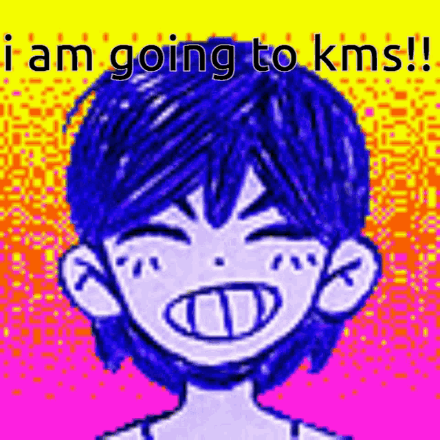 a cartoon of a boy with blue hair is smiling and says `` i am going to kms '' .
