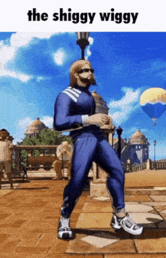 a man in a blue tracksuit is walking on a sidewalk with the caption " the shiggy wiggy " above him