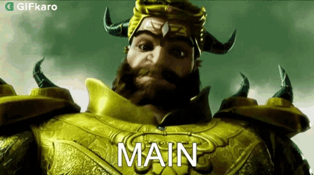 a man with horns and a beard is wearing a yellow armor and the word main is on the front