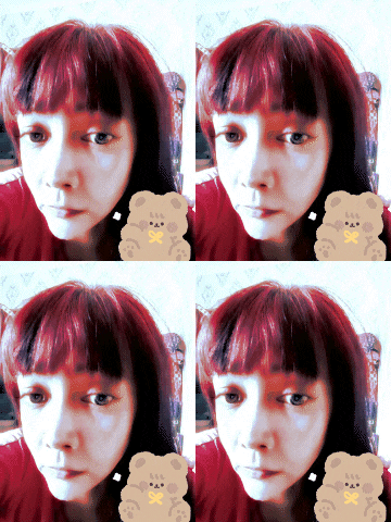 four different images of a woman with red hair and a teddy bear