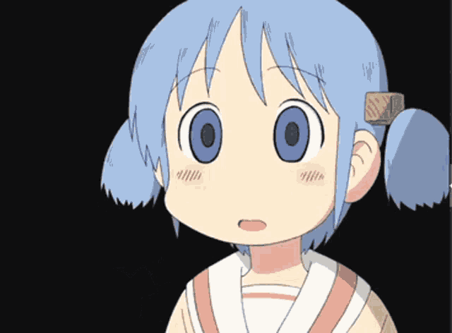 a close up of a cartoon character with blue hair and blue eyes