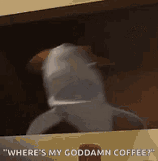 a shark shaped coffee maker is sitting in a microwave and says `` where 's my goddamn coffee ? ''