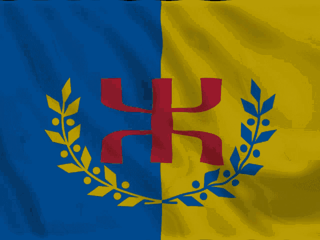 a blue and yellow flag with a laurel wreath