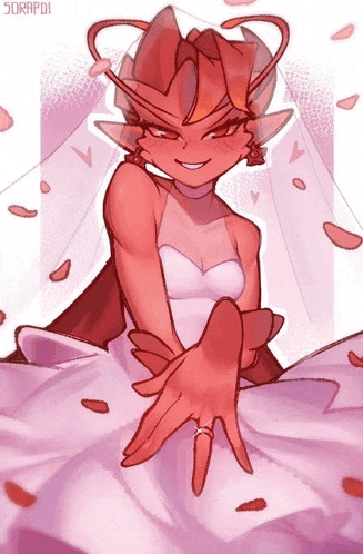 a drawing of a woman in a wedding dress with a veil and a wedding ring on her finger .