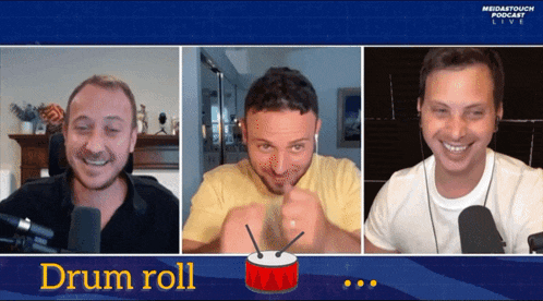 three men are on a video call and the words drum roll are on the bottom