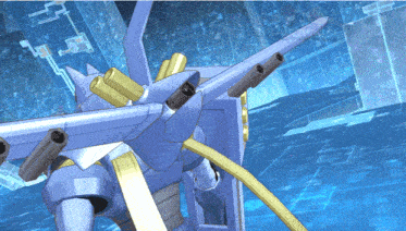 a blue and gold robot with a few guns on its back