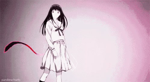 a girl in a school uniform is standing on a pink background .