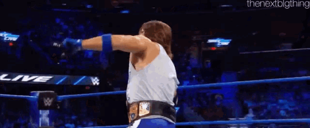 a wrestling match is being held in a stadium and a wrestler is wearing a championship belt .
