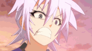 a close up of a anime character with purple hair