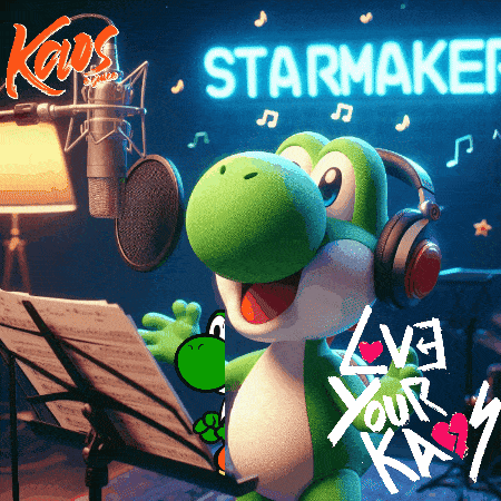 a picture of yoshi singing into a microphone with the words starmaker behind him