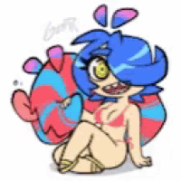 a cartoon girl in a bikini is sitting on the ground with a balloon in her hand .