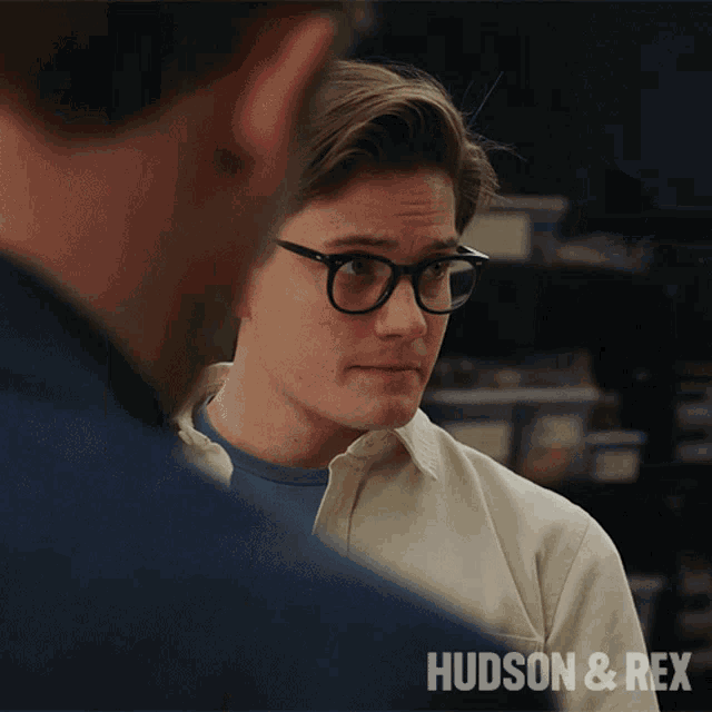a close up of a man wearing glasses with the words hudson & rex behind him