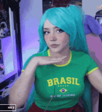 a woman with blue hair is wearing a shirt that says brasil