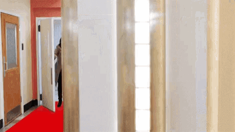 a hallway with a red carpet leading to a door