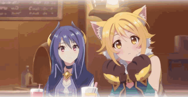 a couple of anime girls sitting next to each other with a menu in the background