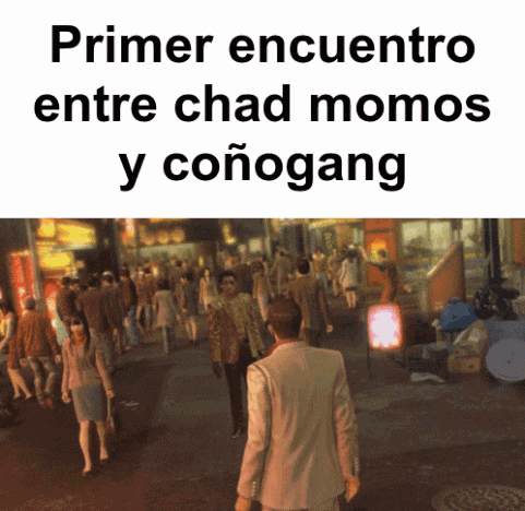 a man in a suit is walking down a crowded street with the words primer encuentro entre chad momos y conogang below him
