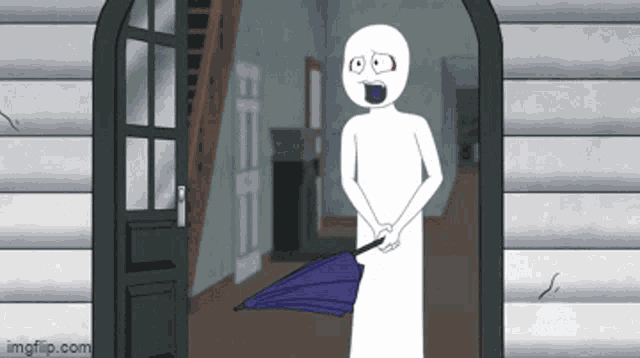 a cartoon of a man holding an umbrella standing in a doorway