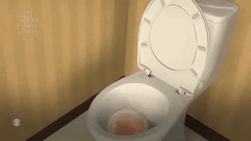 a toilet with the lid open and a cbs logo