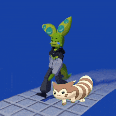 a cartoon character is walking a small cartoon character