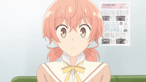 a girl with pink hair and a yellow bow looks surprised