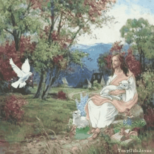 a painting of jesus sitting on a rock holding a lamb and a dove