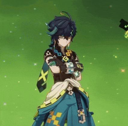 a cartoon character is standing with his arms crossed in front of a green background and holding a sword .