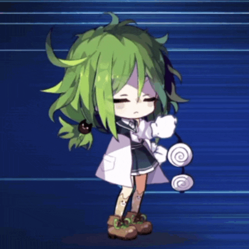 a little girl with green hair and a white coat is holding a spiral