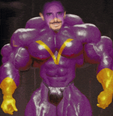 a man in a purple and yellow superhero costume