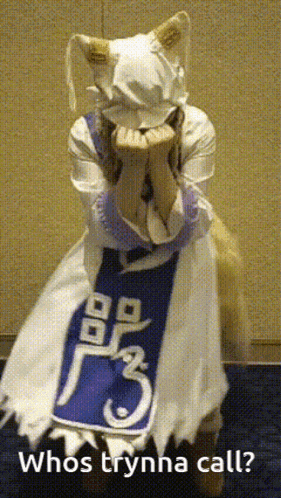 a person in a fox costume with the words whos trynna call written below them