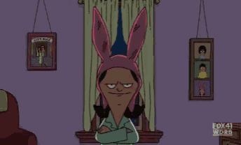 a cartoon character wearing a bunny hat is standing in front of a window with his arms crossed ..
