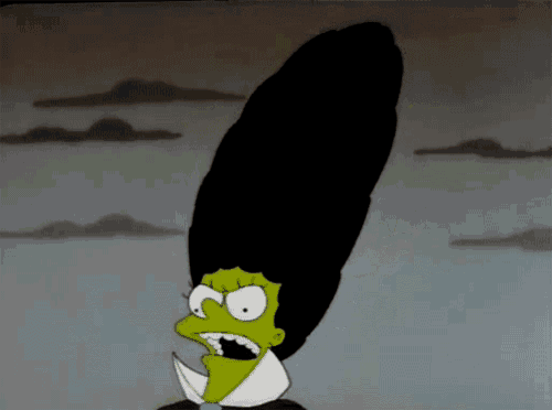 a cartoon character with a very long black hair and green face