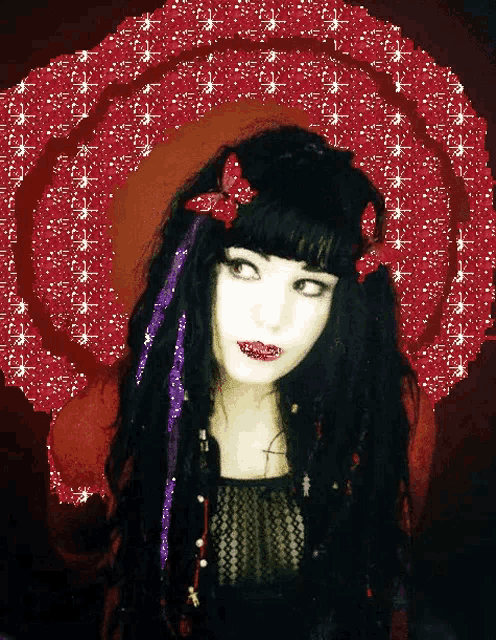 a woman with black hair has a butterfly in her hair and a red background