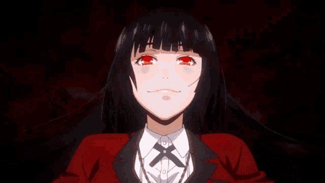 a close up of a girl with red eyes and a bow tie