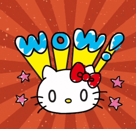 a cartoon drawing of hello kitty with the words wow behind her