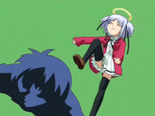a girl with a halo on her head kicking a man