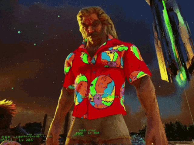 a man wearing a red shirt with a spongebob design