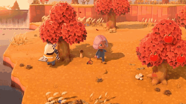 a video game scene with trees and a person standing next to a tree