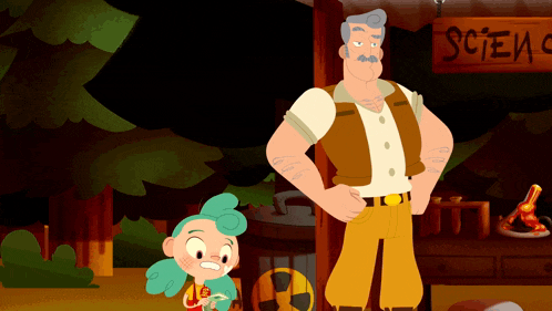 a man and a girl are standing in front of a science shop