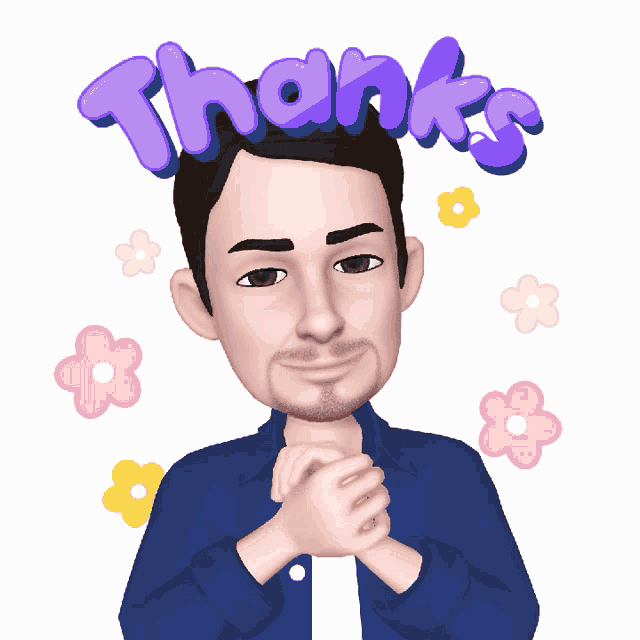 a cartoon man with his hands folded and the word thanks above him