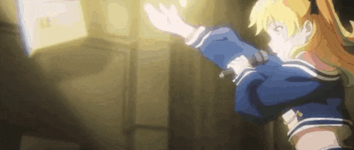 a girl in a sailor suit is standing in a dark room with a light shining on her face .