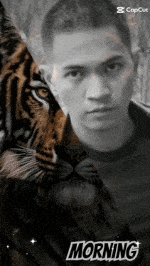 a black and white photo of a man and a tiger with morning written below it